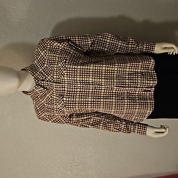 WRANGLER Western Brown Plaid Gingham Embroidered Snap Shirt - Picture 3 of 10